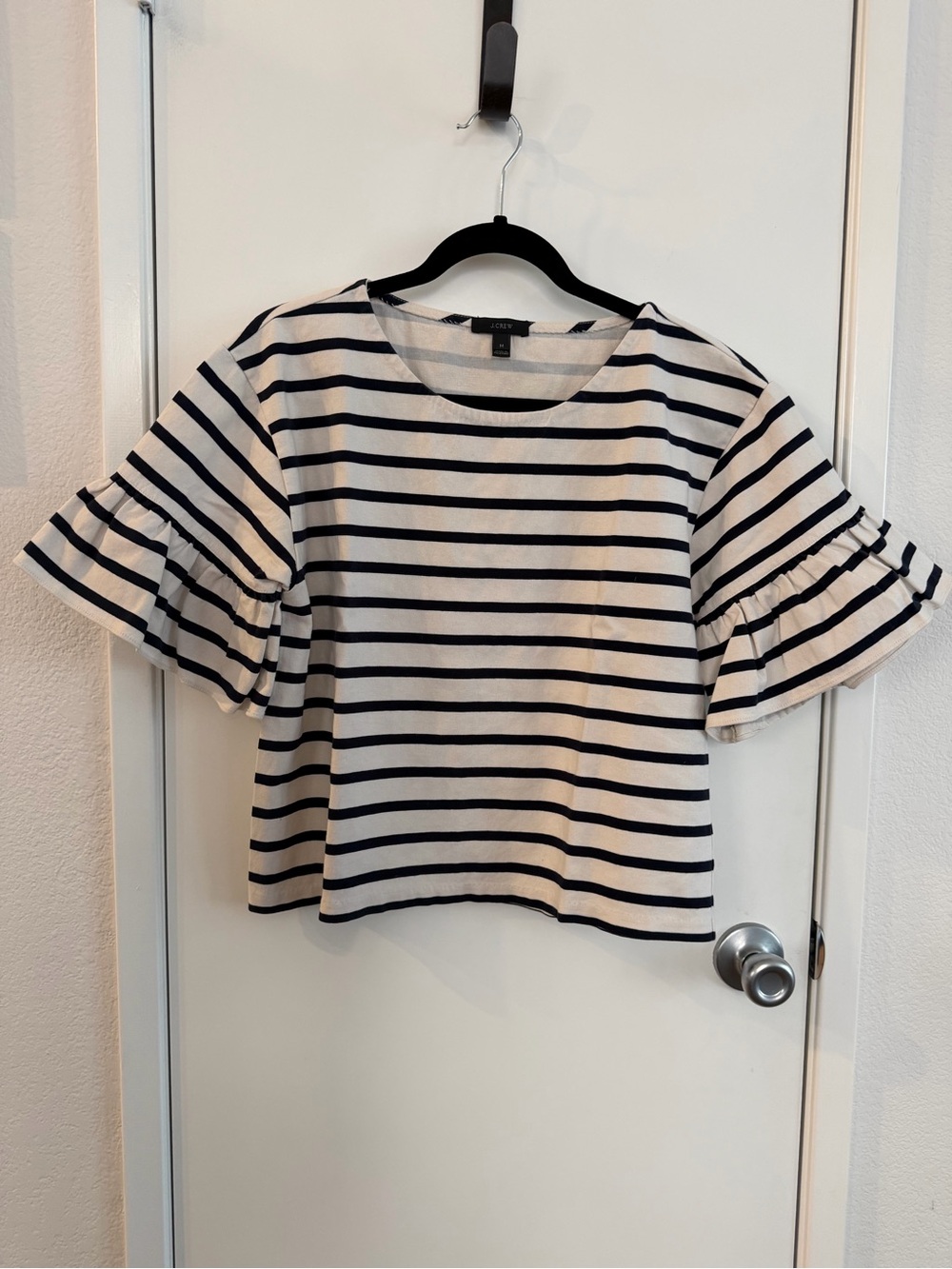 J. Crew Striped Ruffle Sleeve Tee in White and Navy